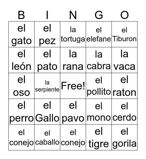 Spanish Bingo Card