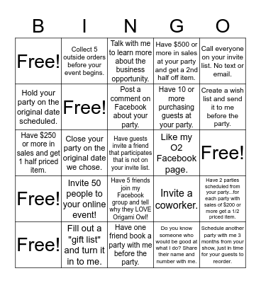 Hostess Bingo!! Bingo Card