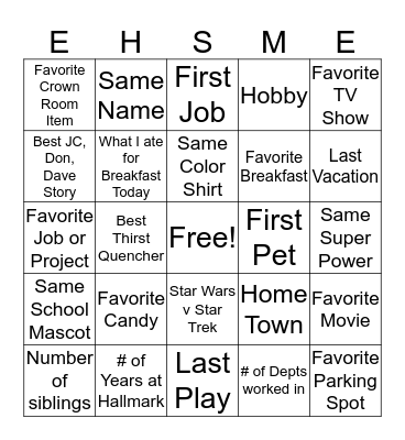 EHS and ME Bingo Card