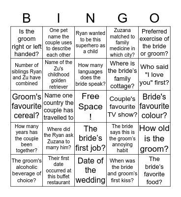 Wedding Shower Bingo Card