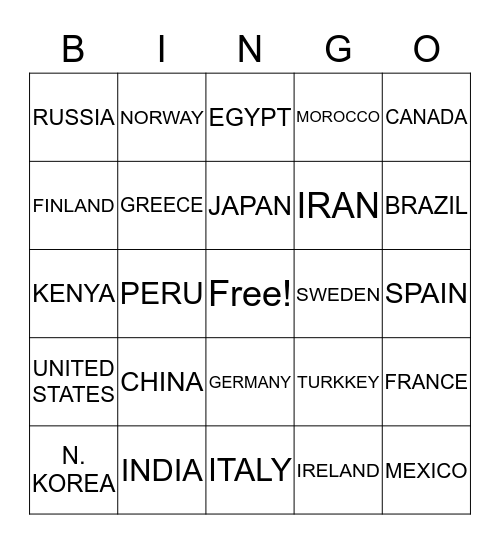 COUNTRIES OF THE WORLD  Bingo Card