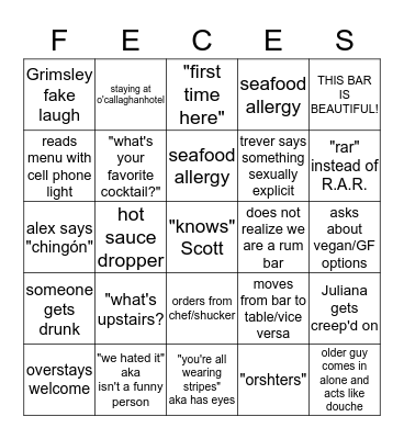 SOB Saturday Bingo Card