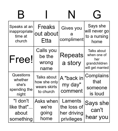Grandma bingo Card