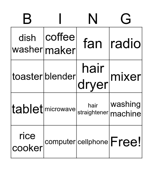 electrical appliances  Bingo Card