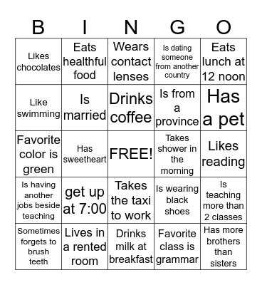 My Activities Bingo Card