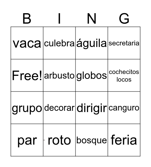 Bingo en Español Bingo Card
