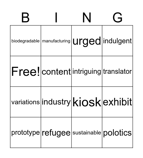 Tut Vocab Bingo Card