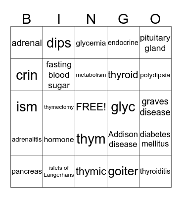 Endocrine System Bingo Card