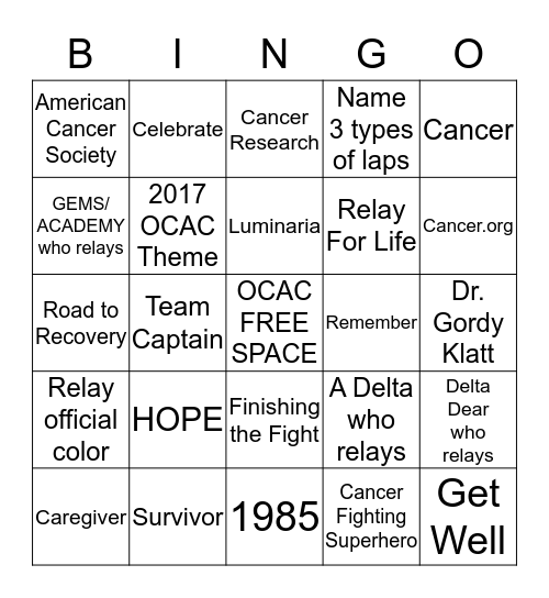 Relay For Life BINGO Card