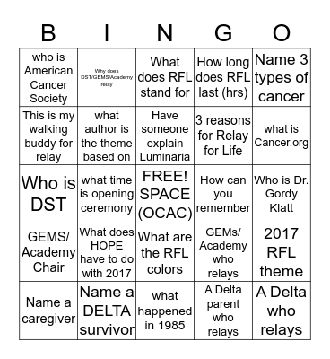 OCAC Relay For Life BINGO 2017 Bingo Card