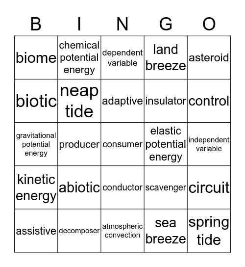 Academic Vocabulary Review Bingo Card