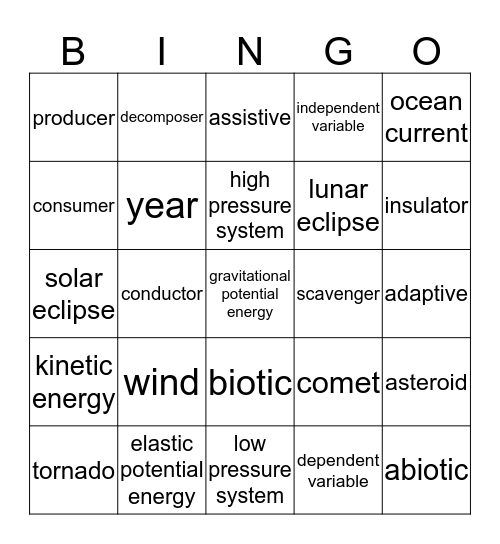 Academic Vocabulary Review Bingo Card