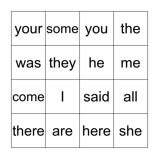 Jolly phonics 11-20 Yellow words Bingo Card