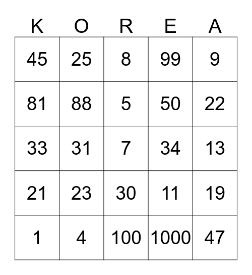 Korean Language Bingo Card