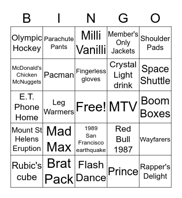 I Love the 80's Bingo Card