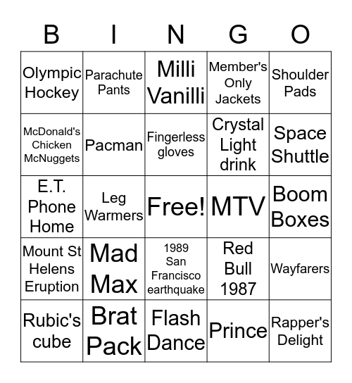 I Love the 80's Bingo Card