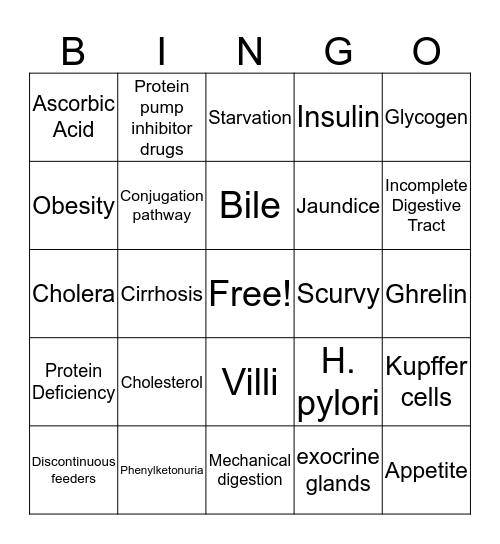 Digestive System Bingo Card