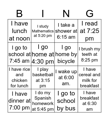 La rutina diaria Bingo Card