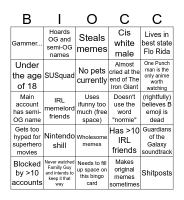 Biocc's inedible Bingo Card