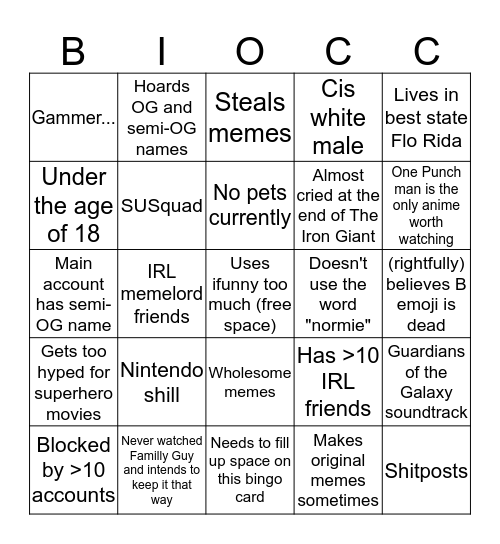 Biocc's inedible Bingo Card