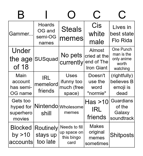 Biocc's inedible Bingo Card