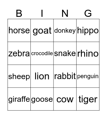 Animals Bingo Card