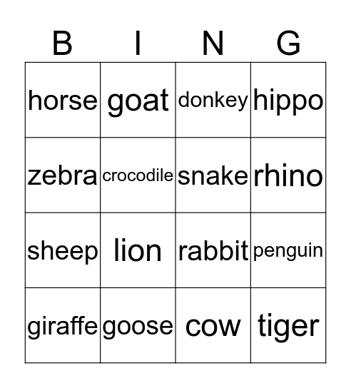 Animals Bingo Card