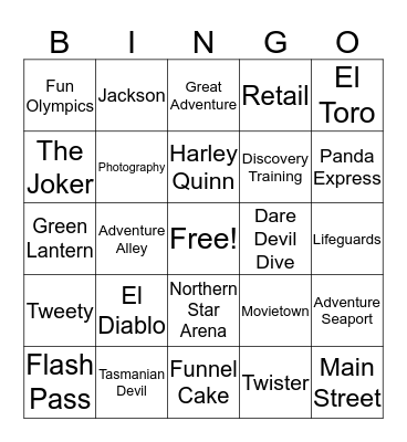 Six Flags Bingo Card