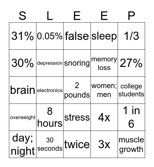 Sleep for Success Bingo Card