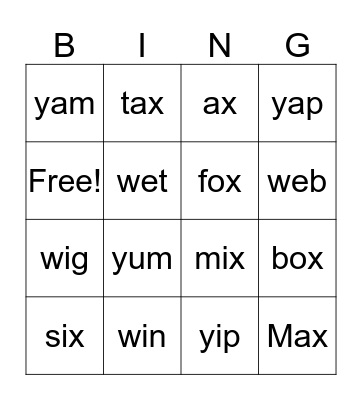 W,X,Y Bingo Card