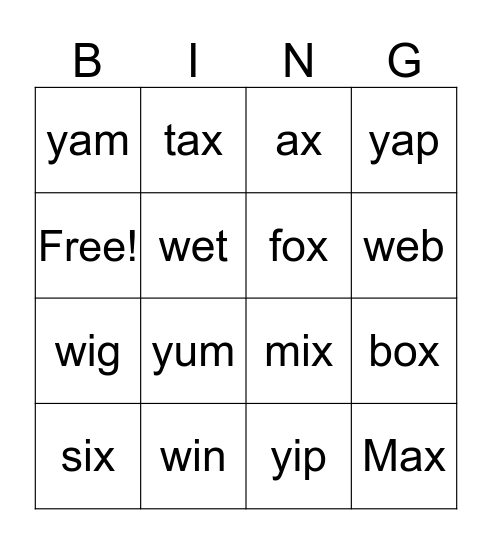 W,X,Y Bingo Card