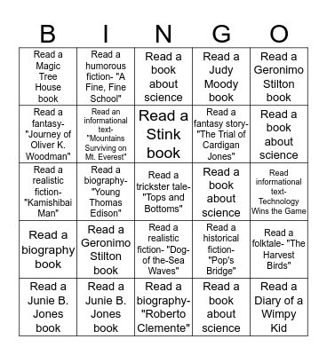 Book Bingo!  Read, take AR test, record "80 or above" scores along with title. Bingo Card
