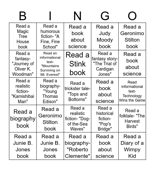 Book Bingo!  Read, take AR test, record "80 or above" scores along with title. Bingo Card