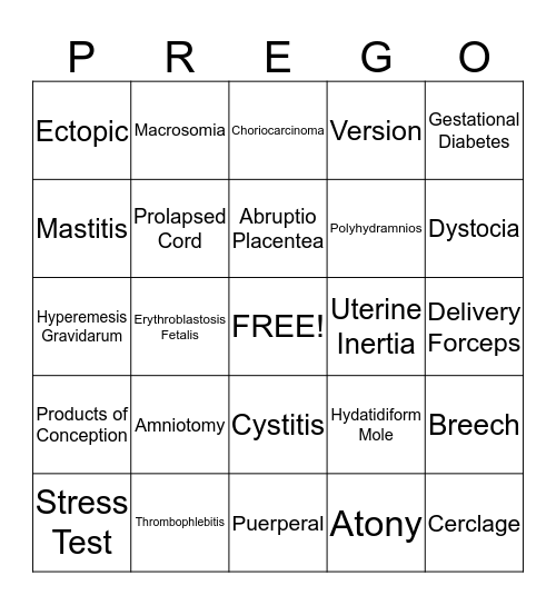 High Risk Pregnancy and Childbirth Bingo Card