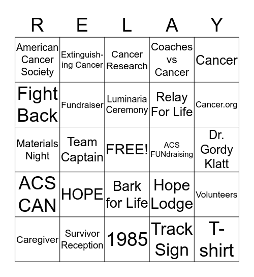 Relay For Life BINGO Card