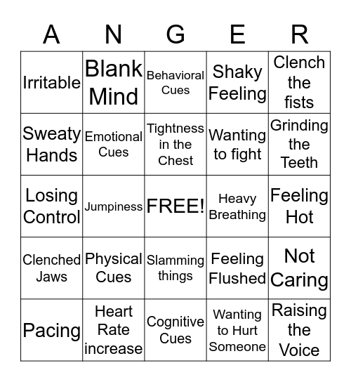 Anger Cues Bingo Card
