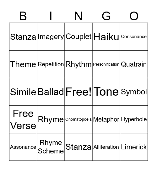 Poetry Terms Review Bingo Card