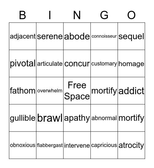 Vocabulary BINGO Card