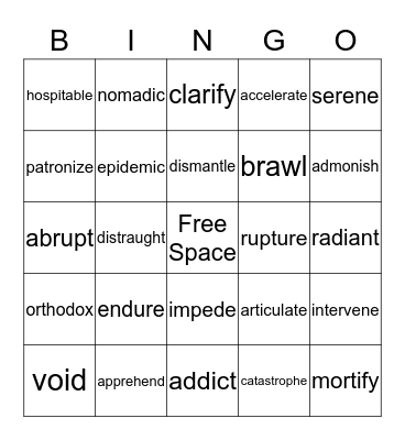 Vocabulary BINGO Card