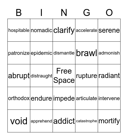 Vocabulary BINGO Card