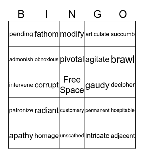 Vocabulary BINGO Card