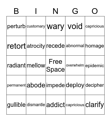 Vocabulary BINGO Card