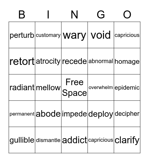 Vocabulary BINGO Card