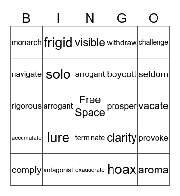 Vocabulary BINGO Card