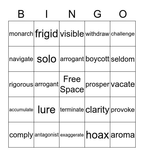 Vocabulary BINGO Card