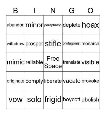 Vocabulary BINGO Card