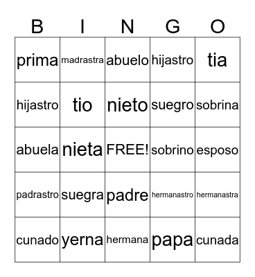Family Members Bingo Card