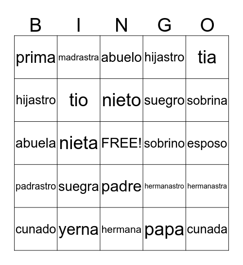 Family Members Bingo Card