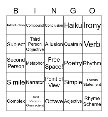 Language Arts Review Bingo Card