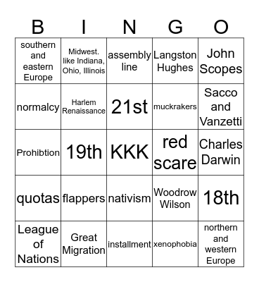 1920s Bingo Card